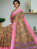 Orange silk fancy saree dark beige color allover prints & zari border with printed pallu and printed blouse