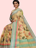 Orange silk fancy saree cream color allover prints & zari border with printed pallu and printed blouse