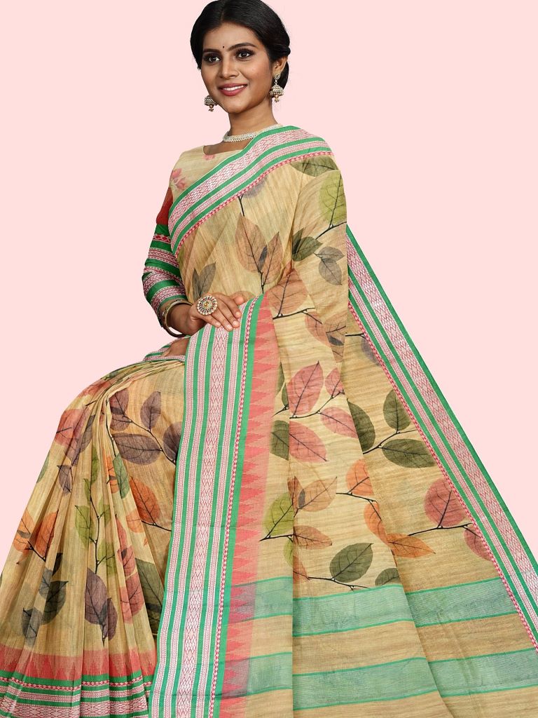 Orange silk fancy saree cream color allover prints & zari border with printed pallu and printed blouse