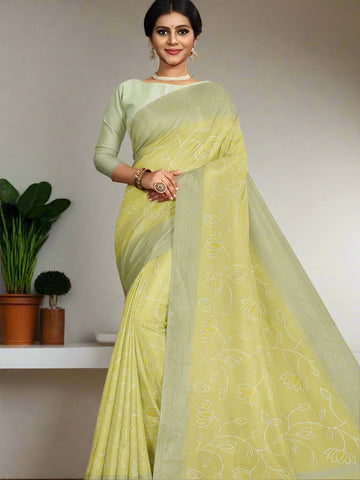 Chanderi fancy saree light yellow color with allover weaves & zari border with short pallu and plain blouse