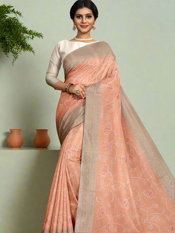 Chanderi fancy saree peach color with allover weaves & zari border with short pallu and plain blouse