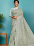 Chanderi fancy saree grey color with allover weaves & zari border with short pallu and plain blouse