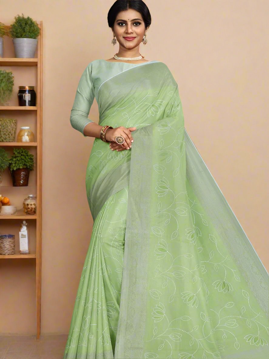 Chanderi fancy saree light green color with allover weaves & zari border with short pallu and plain blouse