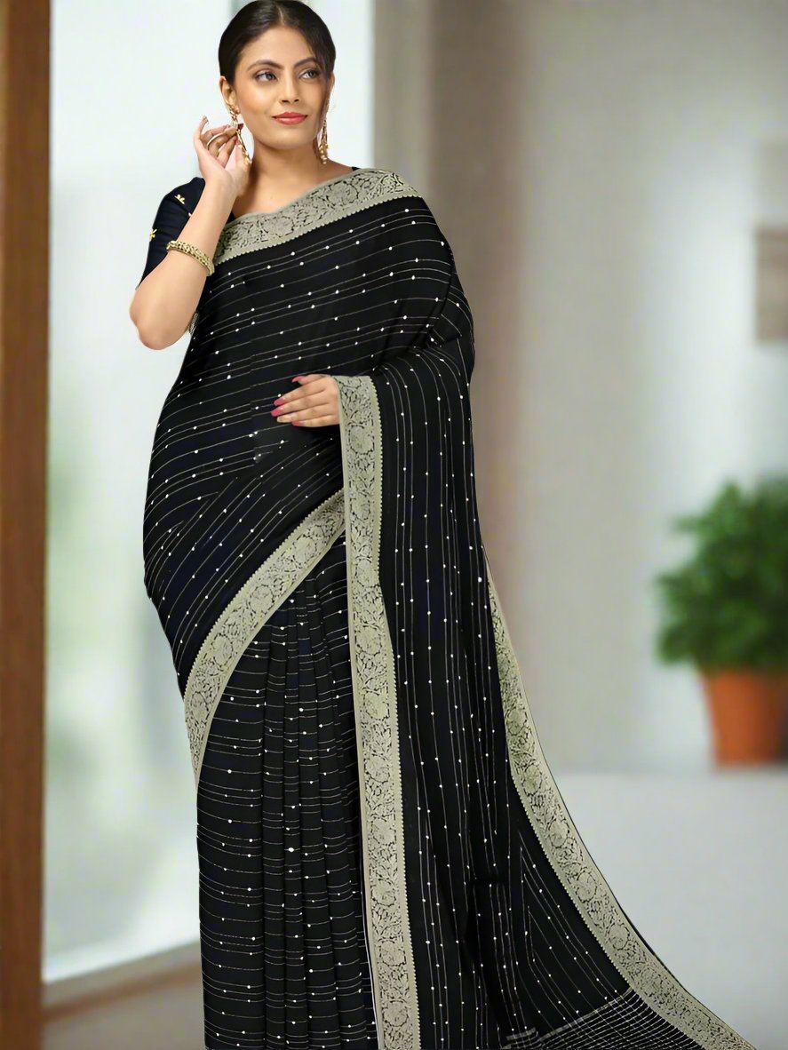 Chiffon fancy saree black color allover stripes and sequence work & zari border with short pallu and attached blouse