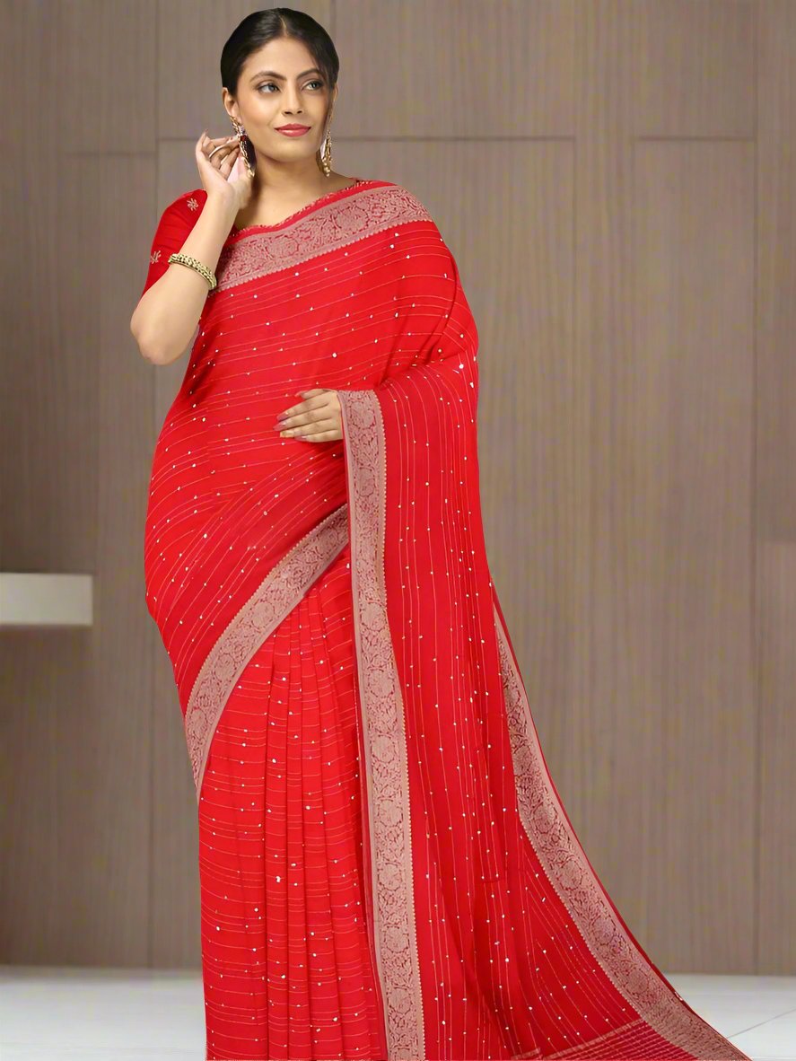 Chiffon fancy saree red color allover stripes and sequence work & zari border with short pallu and attached blouse