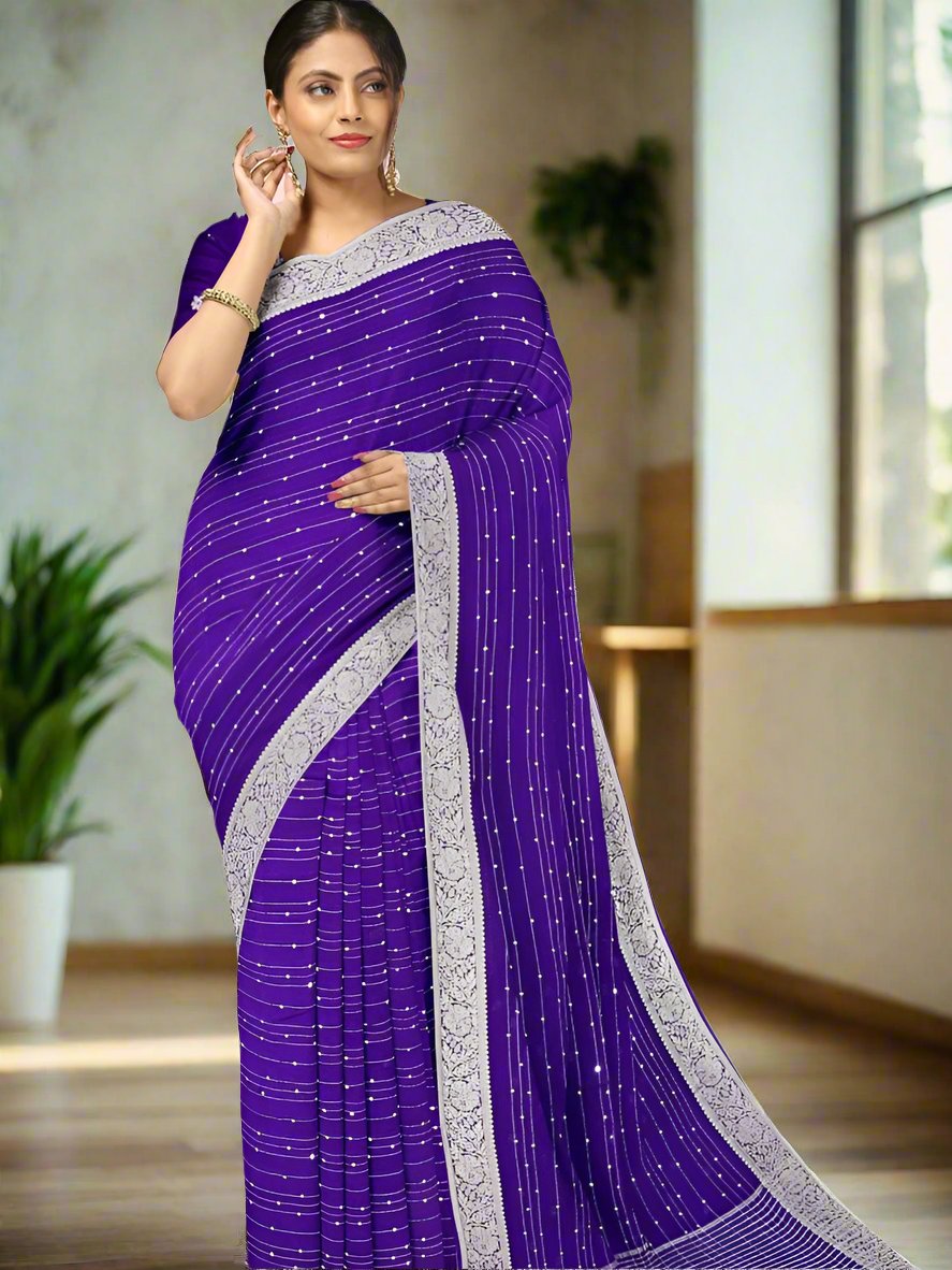 Chiffon fancy saree violet color allover stripes and sequence work & zari border with short pallu and attached blouse