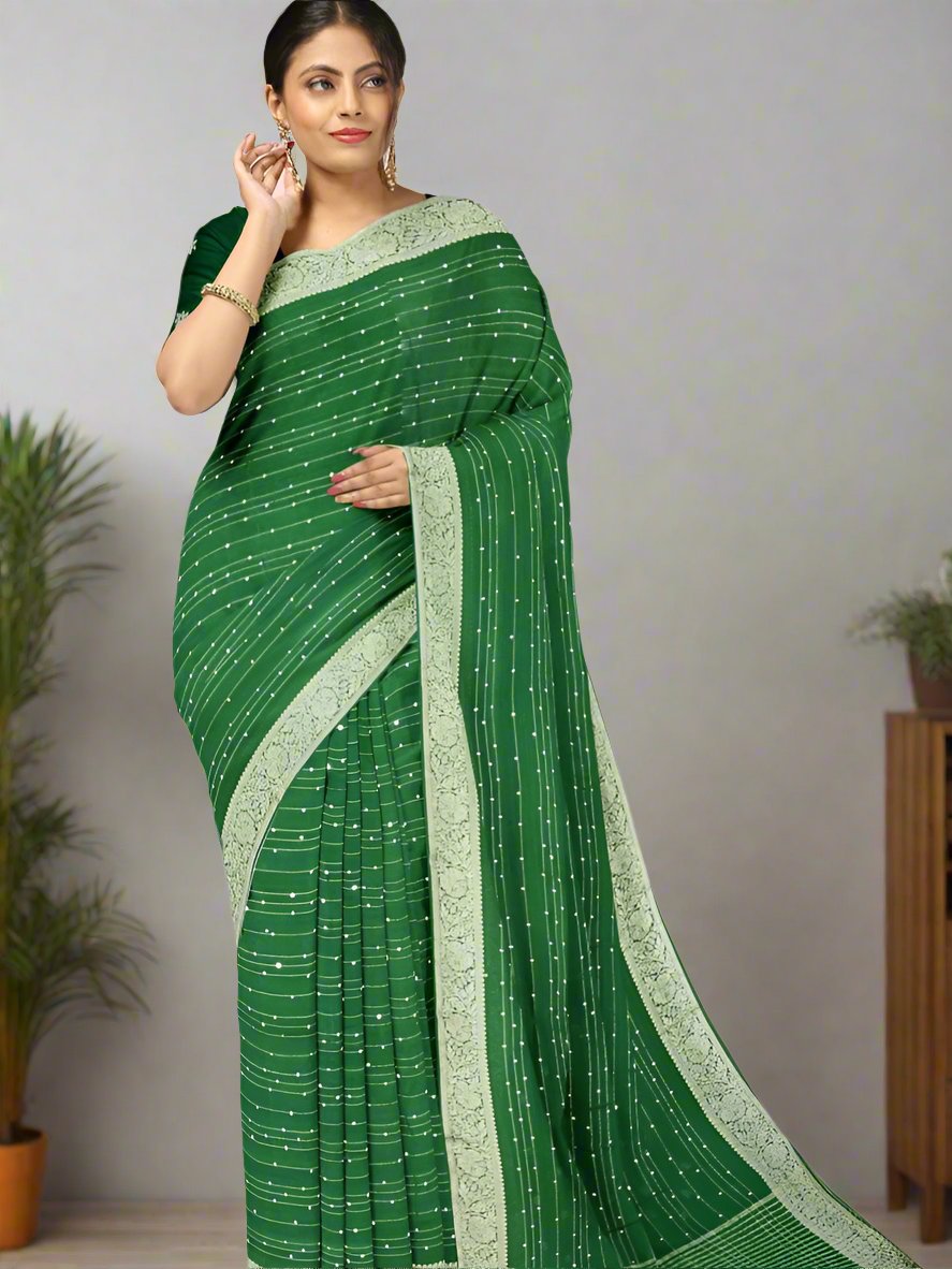 Chiffon fancy saree bottle green color allover stripes and sequence work & zari border with short pallu and attached blouse