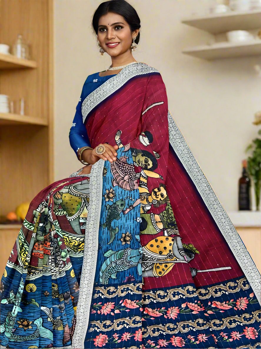 Chiffon fancy saree maroon and blue color allover stripes, prints and sequence work & zari border with short pallu and attached blouse