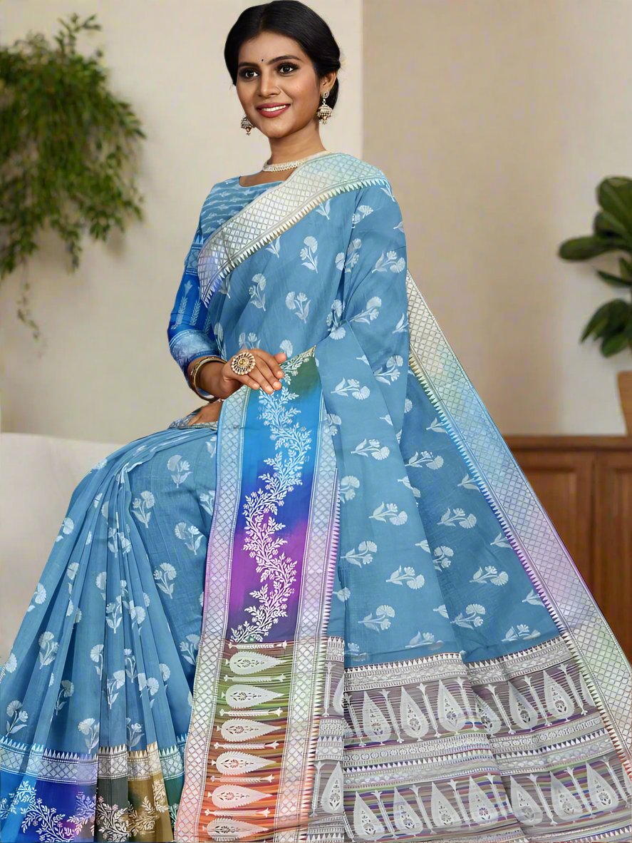 Banaras fancy saree sky blue color allover zari weaves & zari border with rich pallu and attached blouse