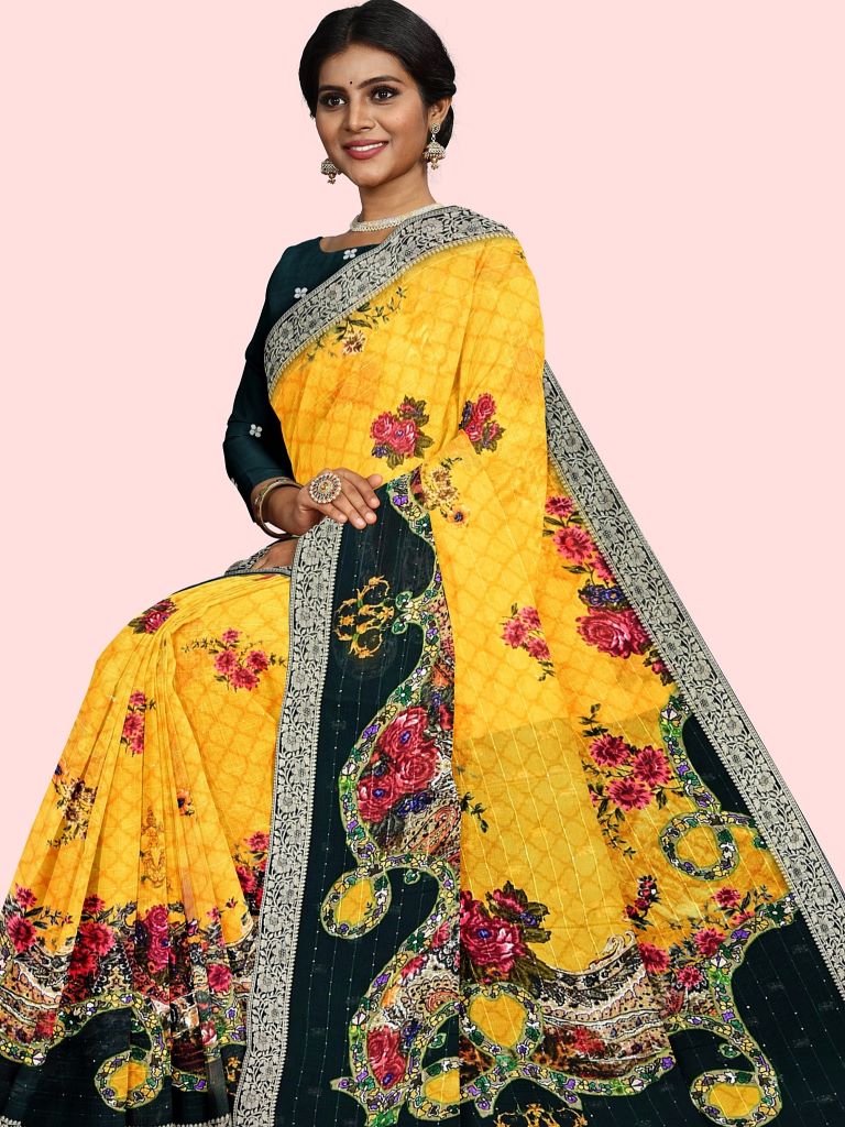 Chiffon fancy saree yellow color allover stripes, prints and sequence work & zari border with short pallu and attached blouse