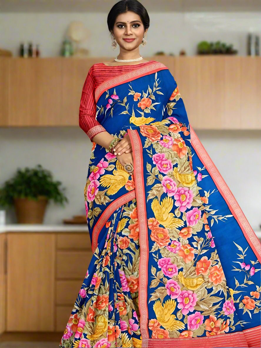 Maheswari fancy saree royal blue color allover prints & small zari border with short pallu and plain contrast blouse