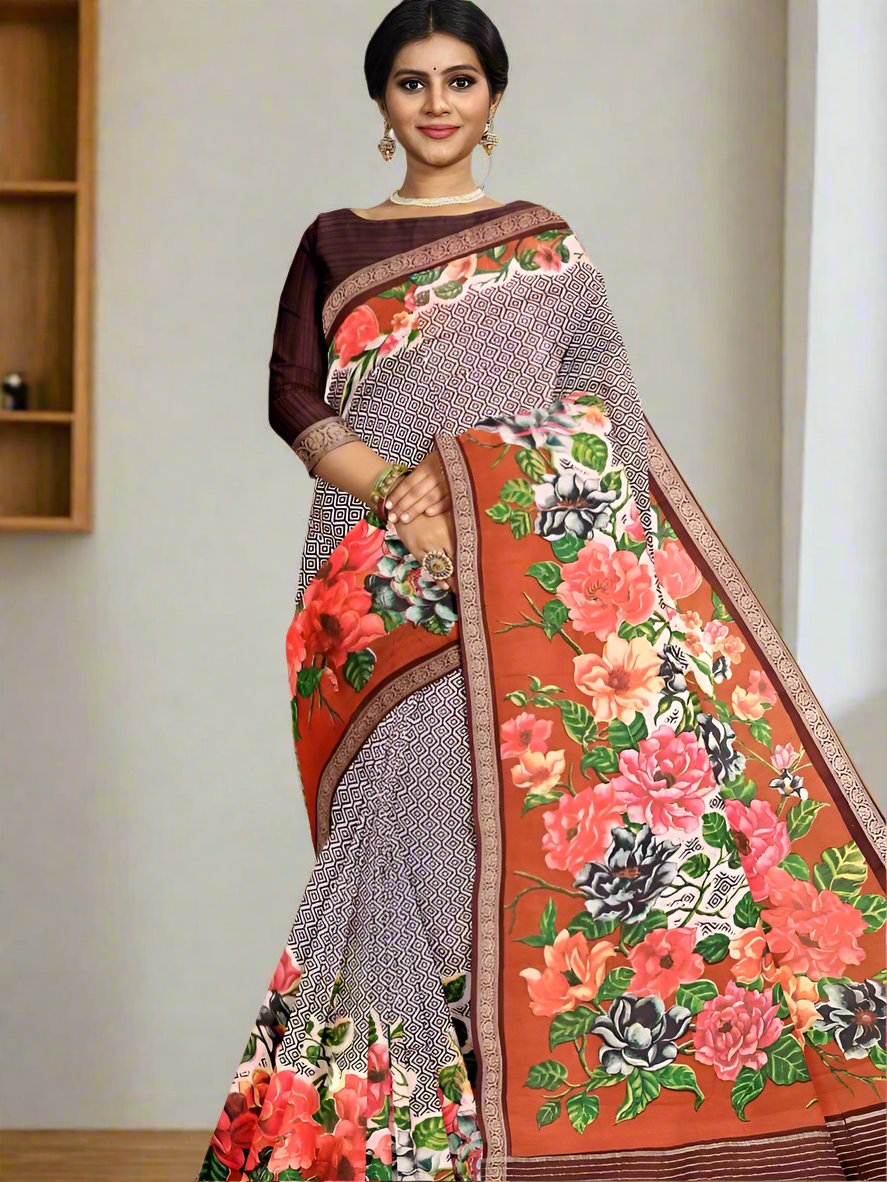 Maheswari fancy saree snuff color allover prints & small zari border with short pallu and plain contrast blouse