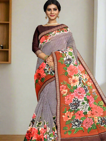 Maheswari fancy saree snuff color allover prints & small zari border with short pallu and plain contrast blouse