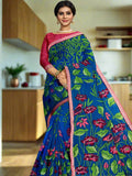 Maheswari fancy saree royal blue color allover prints & small zari border with short pallu and plain contrast blouse