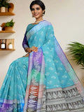 Banaras fancy saree light blue color allover zari weaves & zari border with rich pallu and attached blouse