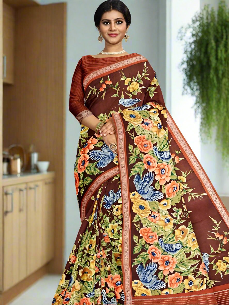 Maheswari fancy saree brown color allover prints & small zari border with short pallu and plain contrast blouse