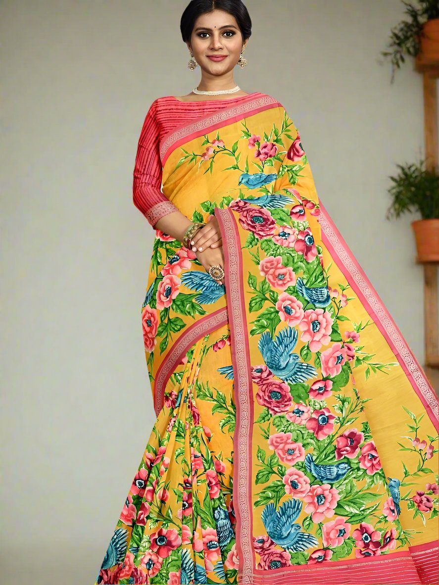 Maheswari fancy saree yellow color allover prints & small zari border with short pallu and plain contrast blouse