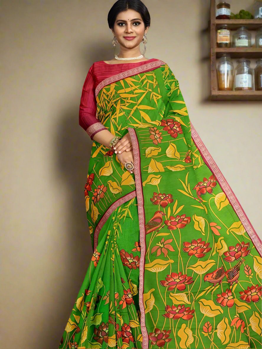 Maheswari fancy saree parrot green color allover prints & small zari border with short pallu and plain contrast blouse