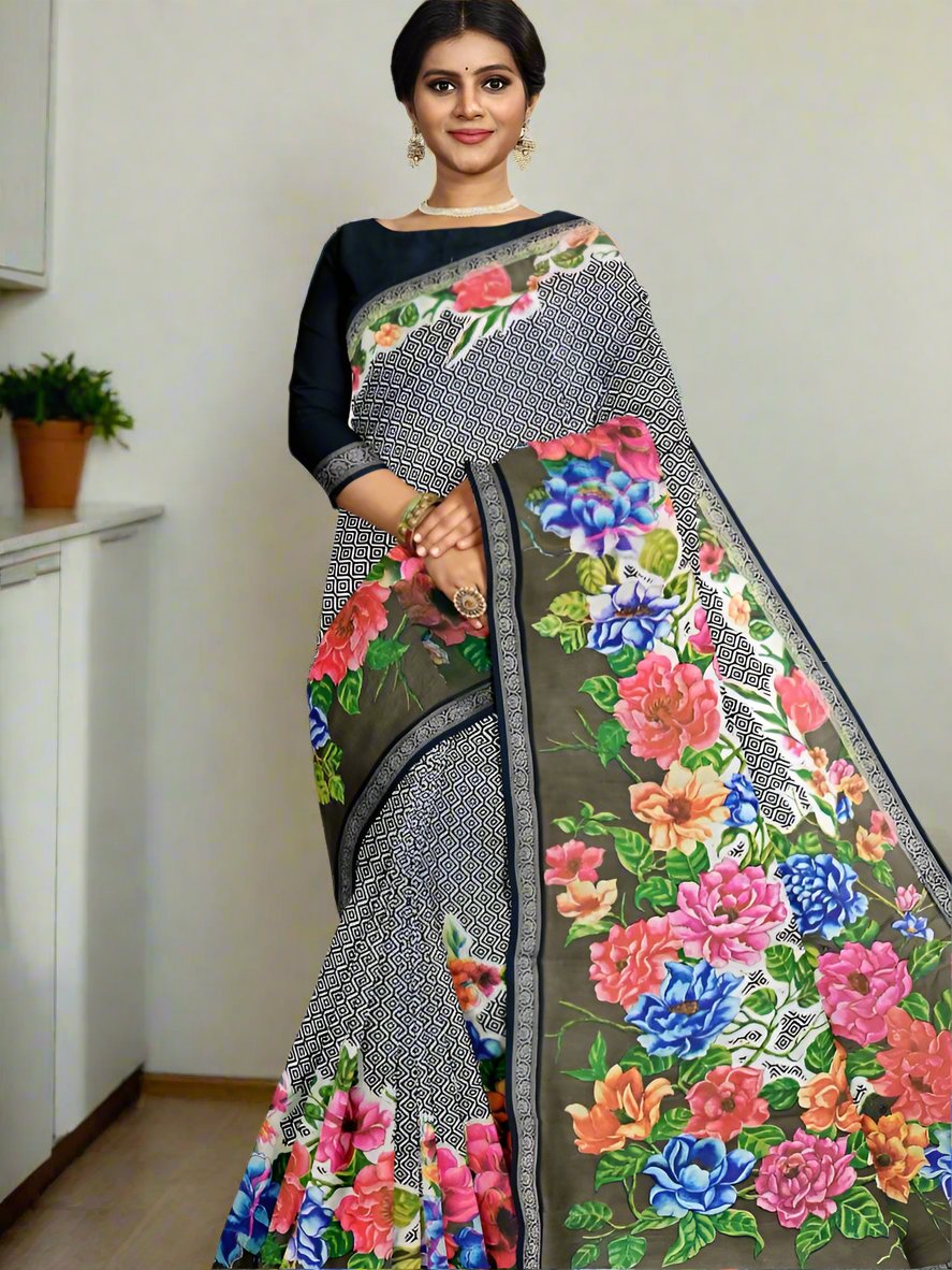 Maheswari fancy saree grey color allover prints & small zari border with short pallu and plain contrast blouse