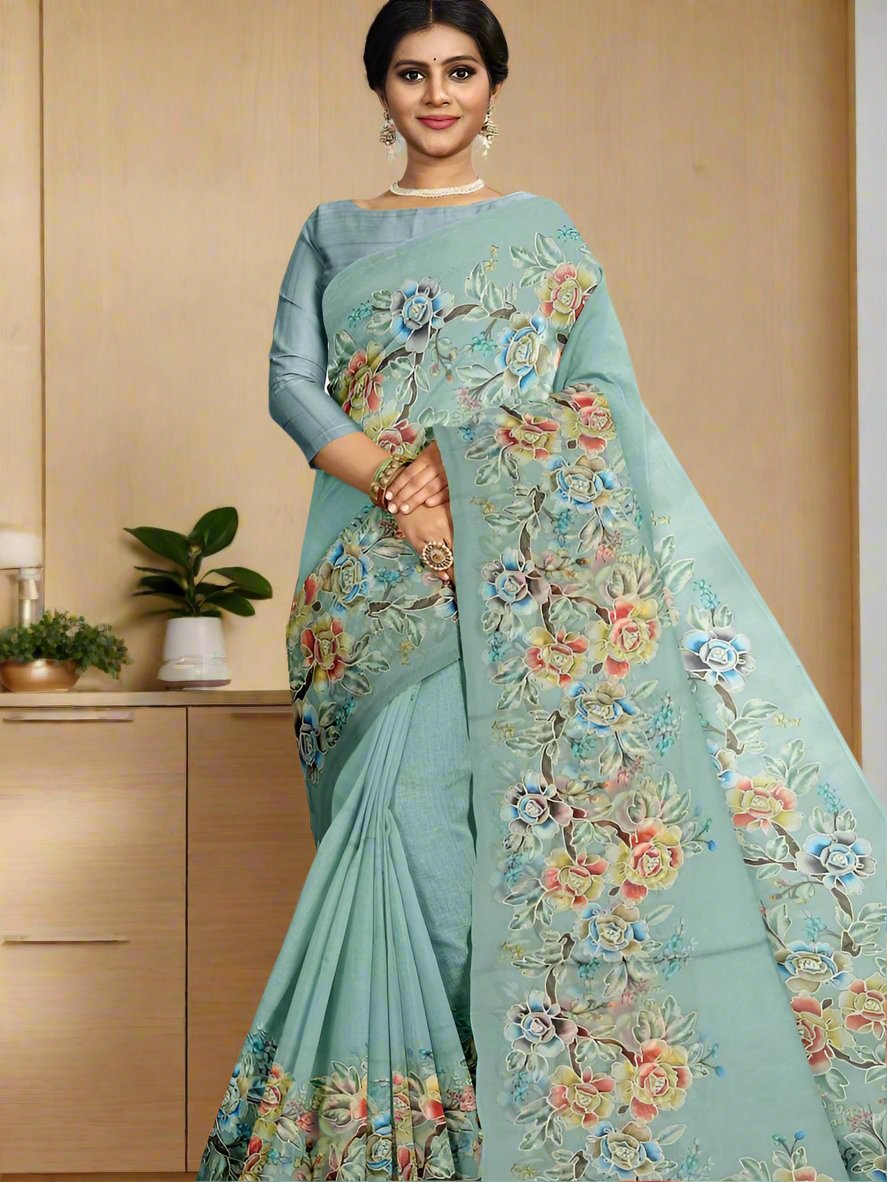 Soft organza fancy saree light grey color allover plain & printed border with running pallu and attached plain blouse