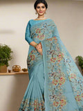 Soft organza fancy saree sea blue color allover plain & printed border with running pallu and attached plain blouse