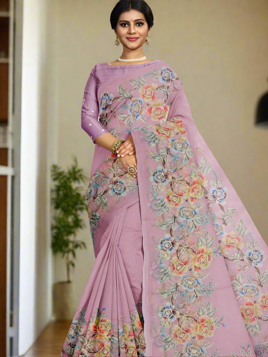 Soft organza fancy saree lavender color allover plain & printed border with running pallu and attached plain blouse