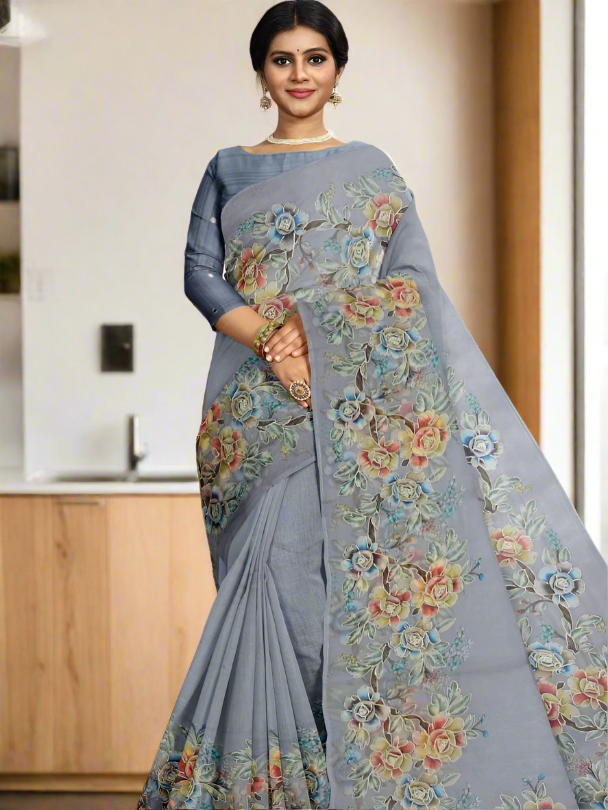 Soft organza fancy saree grey color allover plain & printed border with running pallu and attached plain blouse