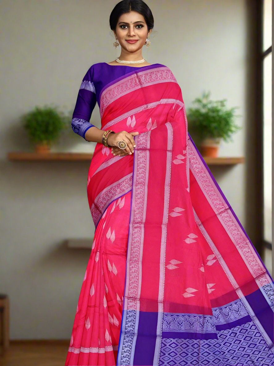 Mangalagiri pattu saree pink color allover zari weaves & zari border with rich pallu and plain contrast blouse