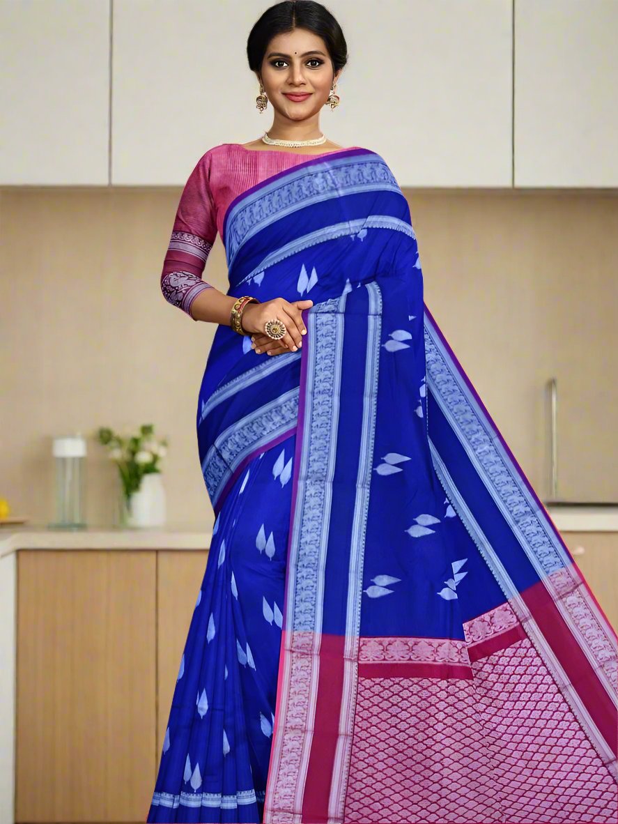 Mangalagiri pattu saree royal blue color allover zari weaves & zari border with rich pallu and plain contrast blouse