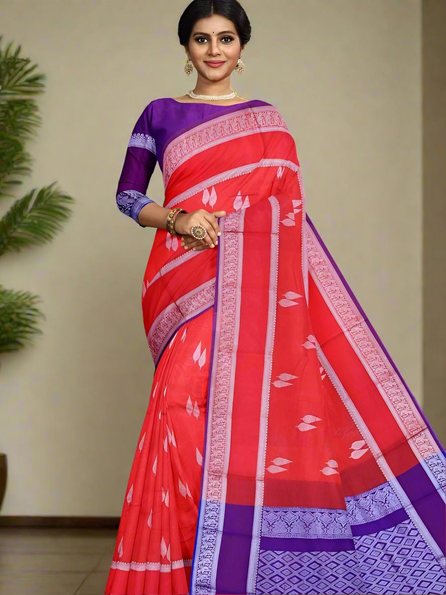 Mangalagiri pattu saree red color allover zari weaves & zari border with rich pallu and plain contrast blouse