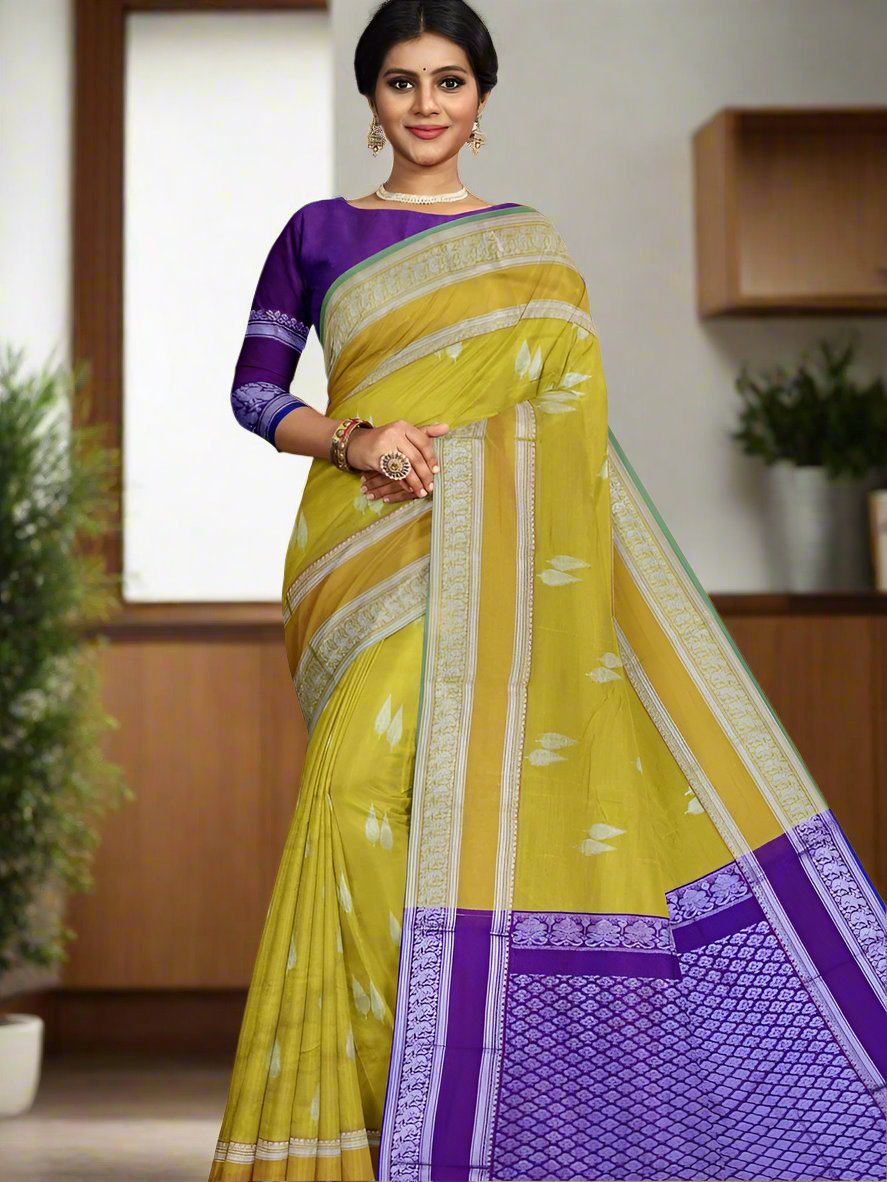 Mangalagiri pattu saree mustard yellow color allover zari weaves & zari border with rich pallu and plain contrast blouse