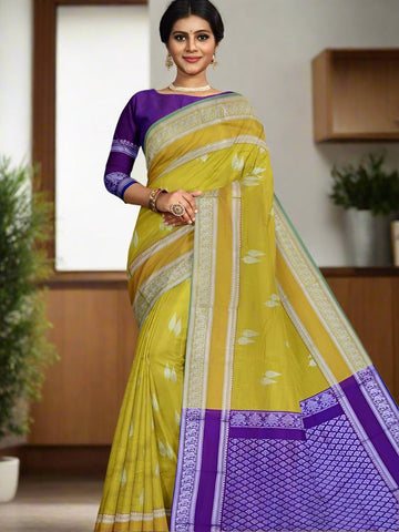 Mangalagiri pattu saree mustard yellow color allover zari weaves & zari border with rich pallu and plain contrast blouse