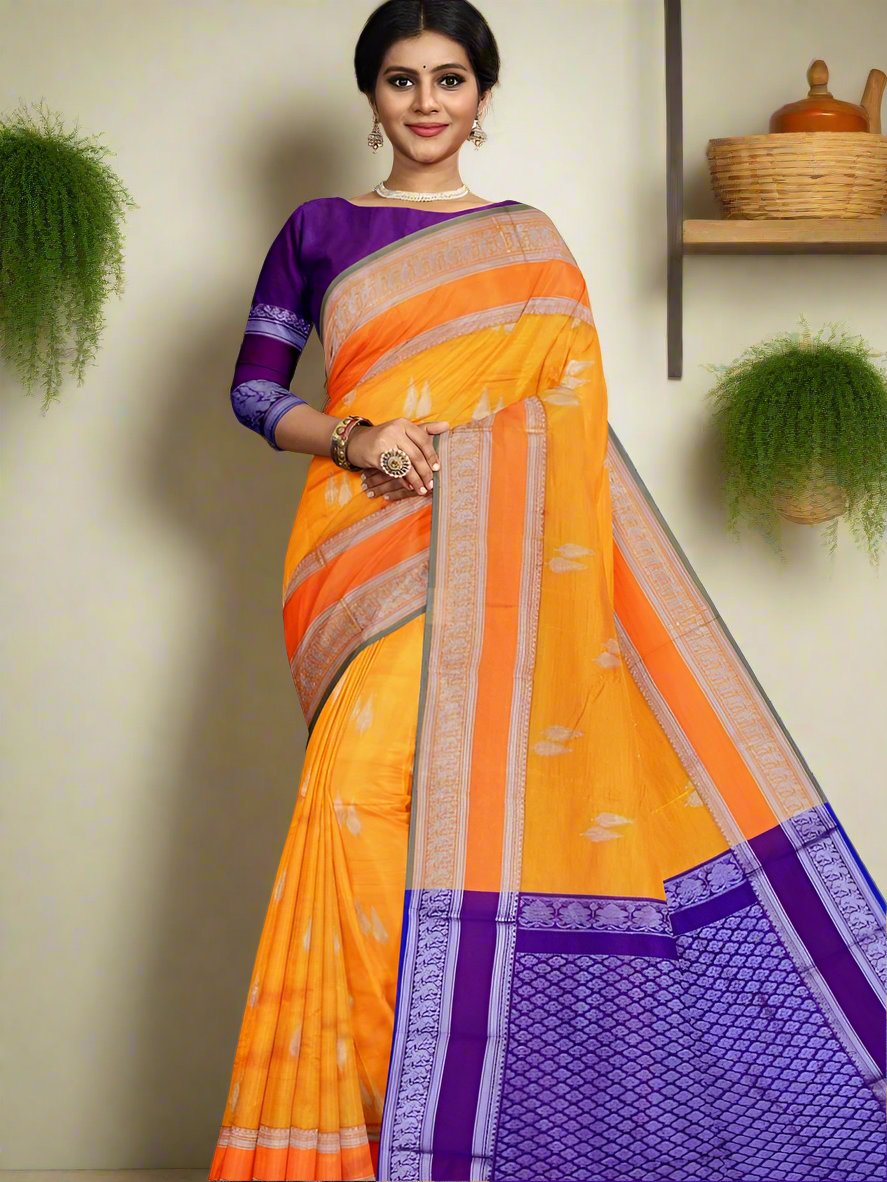 Mangalagiri pattu saree golden yellow color allover zari weaves & zari border with rich pallu and plain contrast blouse