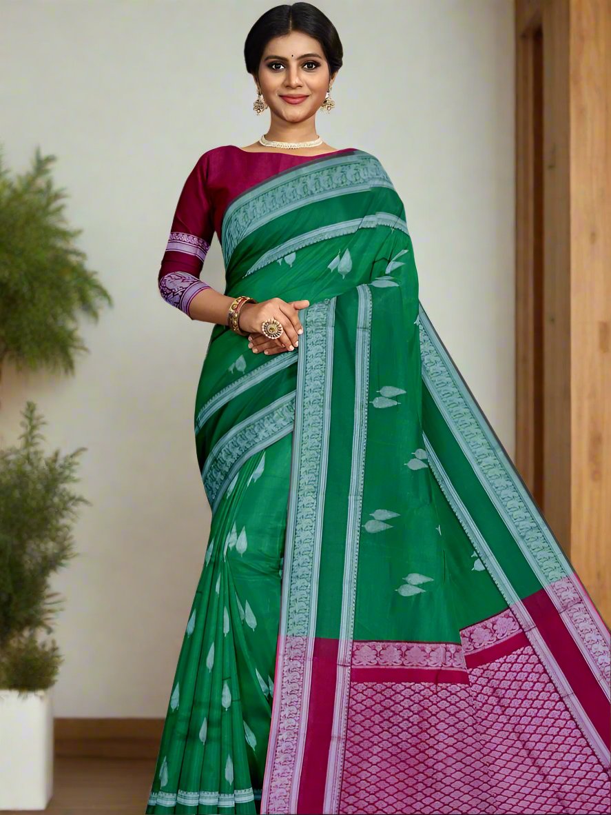 Mangalagiri pattu saree bottle green color allover zari weaves & zari border with rich pallu and plain contrast blouse