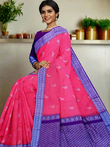 Mangalagiri pattu saree coral pink color allover zari weaves & zari border with rich pallu and plain contrast blouse