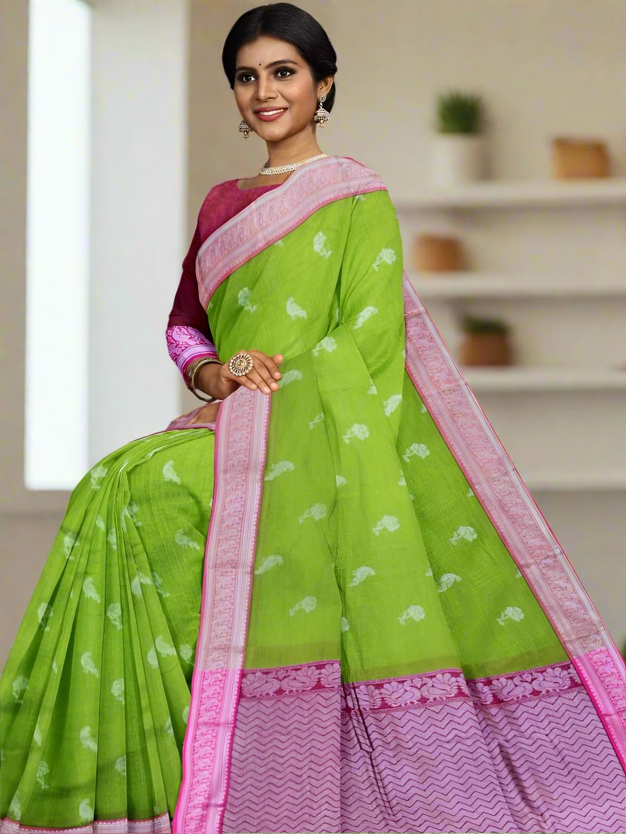 Mangalagiri pattu saree parrot green color allover zari weaves & zari border with rich pallu and plain contrast blouse