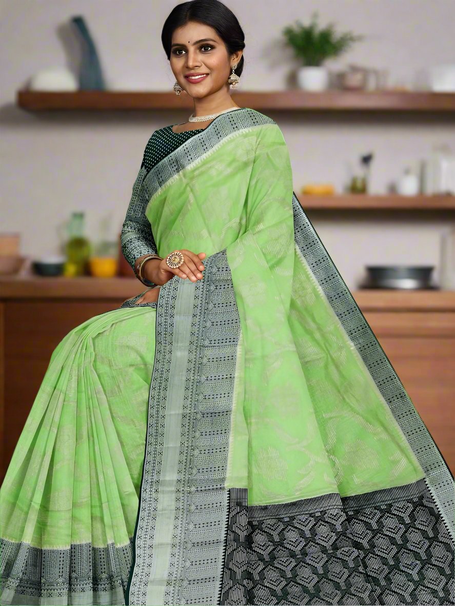 Banaras fancy saree pista green color allover zari weaves & zari border with rich pallu and contrast brocade blouse