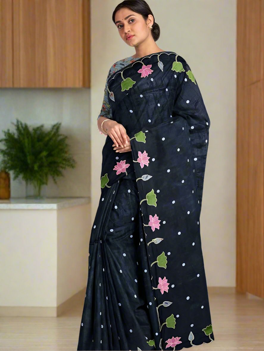 Soft organza fancy saree black color allover motifs & embroidery cutwork border with running pallu and contrast printed blouse