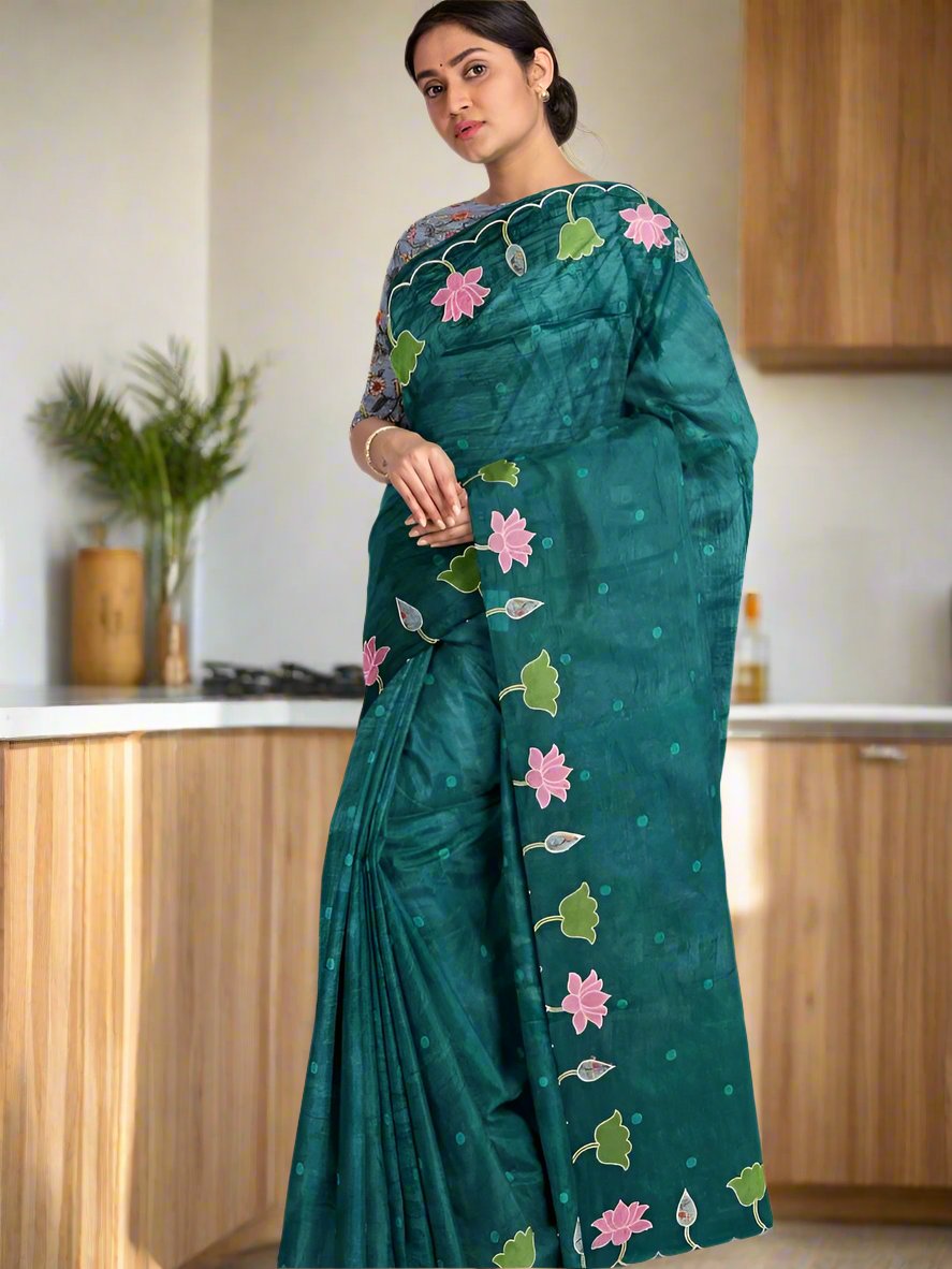 Soft organza fancy saree dark green color allover motifs & embroidery cutwork border with running pallu and contrast printed blouse