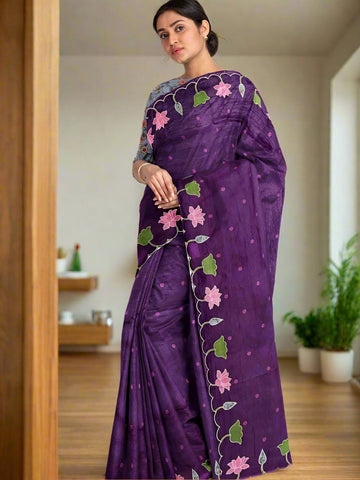 Soft organza fancy saree violet color allover motifs & embroidery cutwork border with running pallu and contrast printed blouse