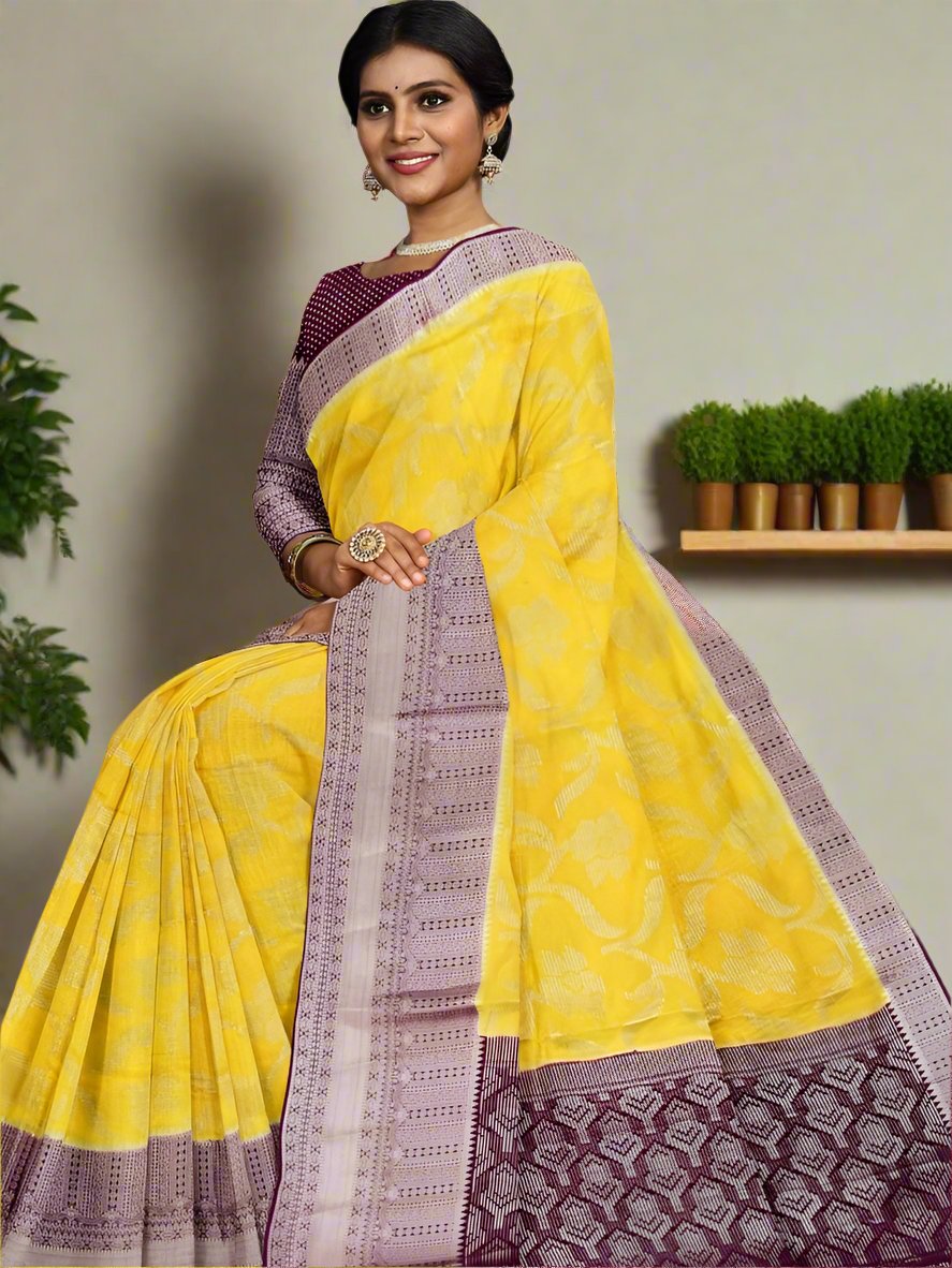 Banaras fancy saree golden yellow color allover zari weaves & zari border with rich pallu and contrast brocade blouse