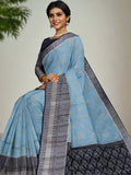 Banaras fancy saree sea blue color allover zari weaves & zari border with rich pallu and contrast brocade blouse