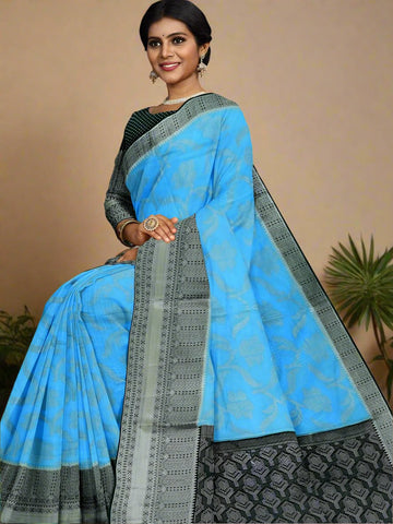 Banaras fancy saree sky blue color allover zari weaves & zari border with rich pallu and contrast brocade blouse