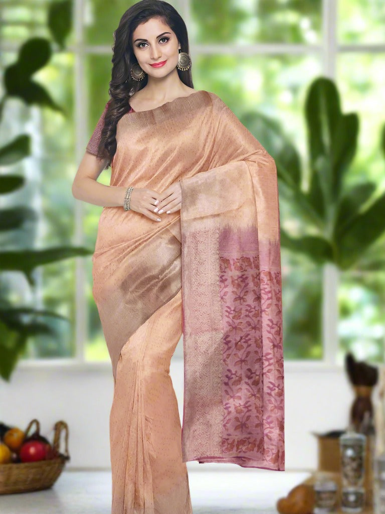 Soft chanderi fancy saree peach color allover motifs & zari border with printed pallu and printed blouse