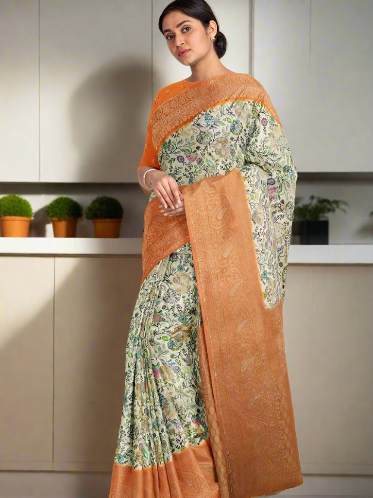 Dola silk fancy saree cream color allover prints & big zari border with rich pallu and plain contrast blouse