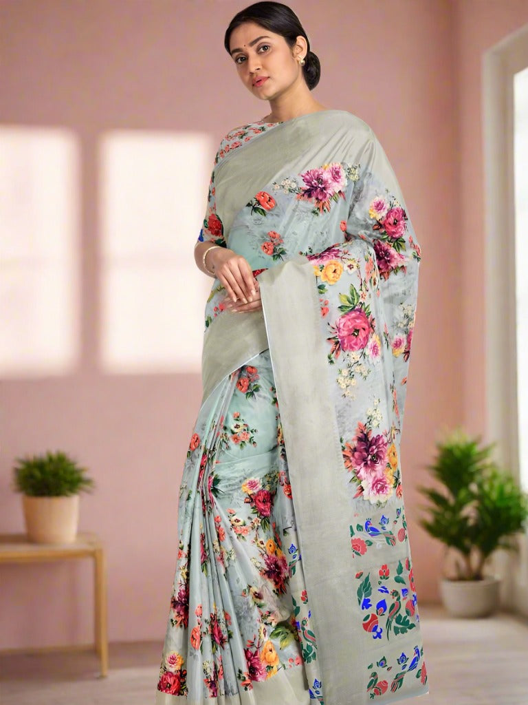 Dola silk fancy saree grey color allover prints & zari border with short pallu and printed blouse