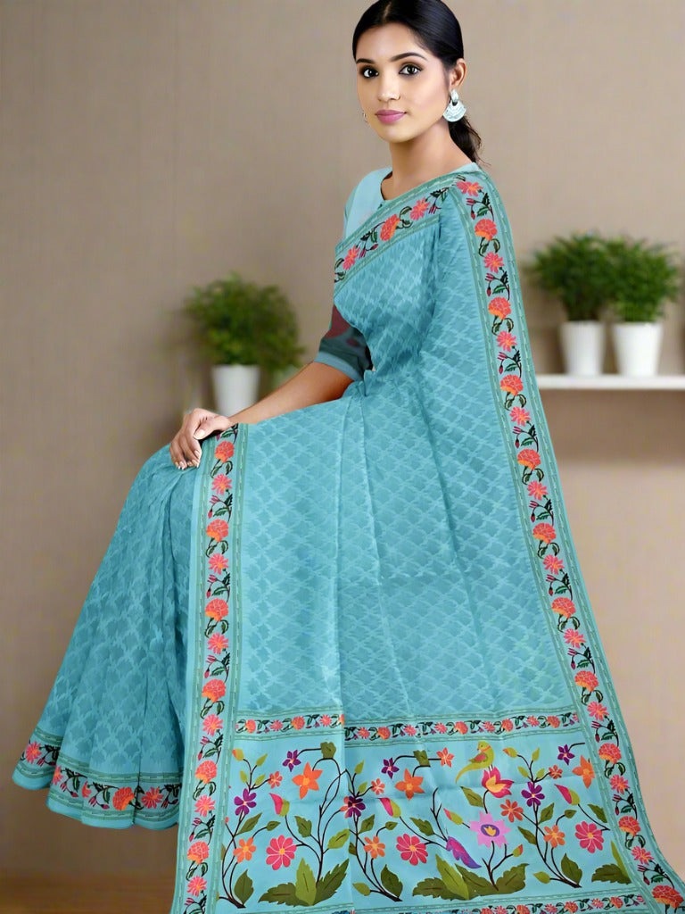 Organza fancy saree sky blue color allover weaves & weaving border with short pallu and printed blouse