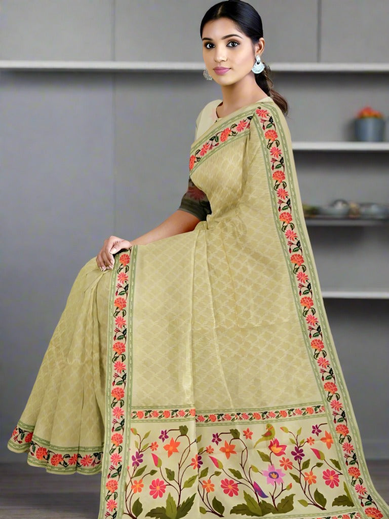 Organza fancy saree light yellow color allover weaves & weaving border with short pallu and printed blouse