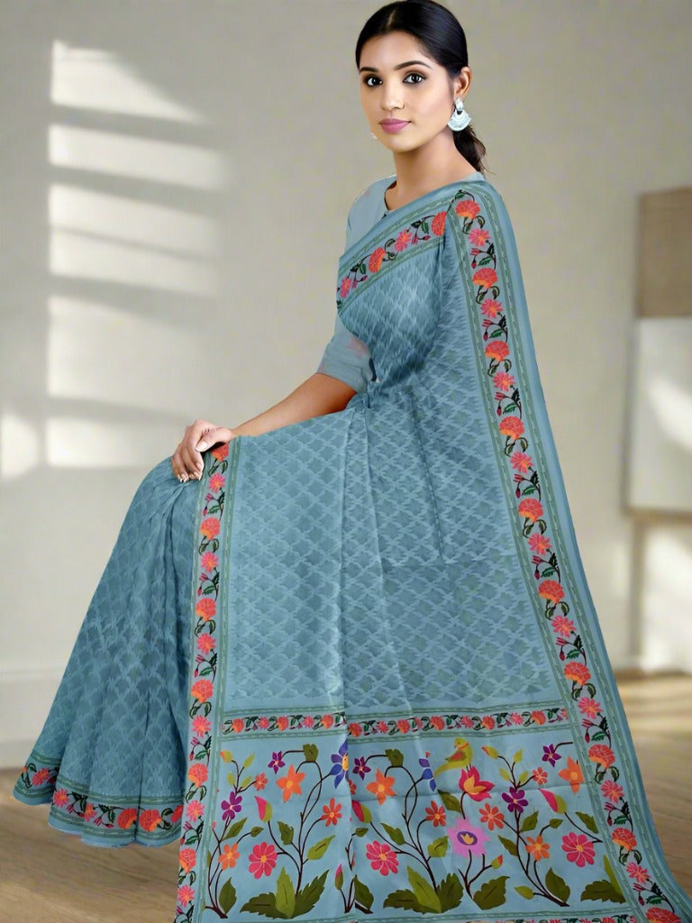 Organza fancy saree sea blue color allover weaves & weaving border with short pallu and printed blouse