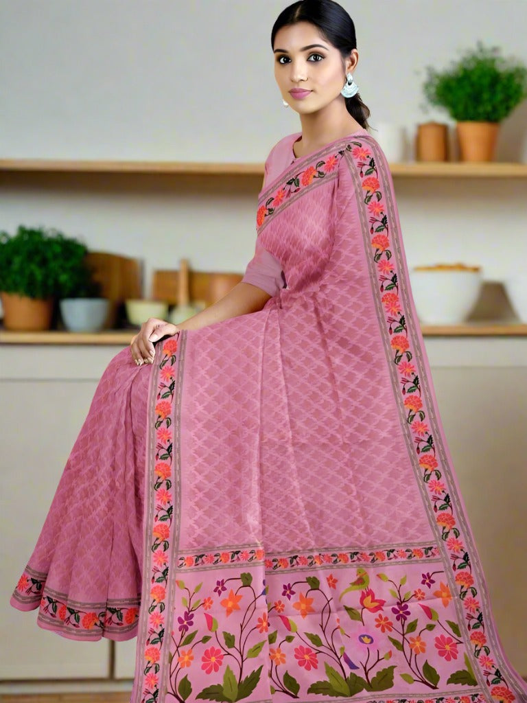 Organza fancy saree rose pink color allover weaves & weaving border with short pallu and printed blouse